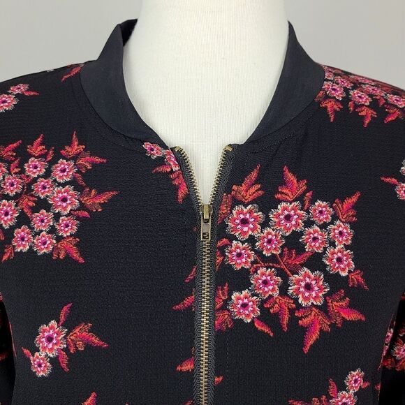 Faith and Joy Black & Pink Floral Print Bomber Jacket XS - Picture 2 of 16